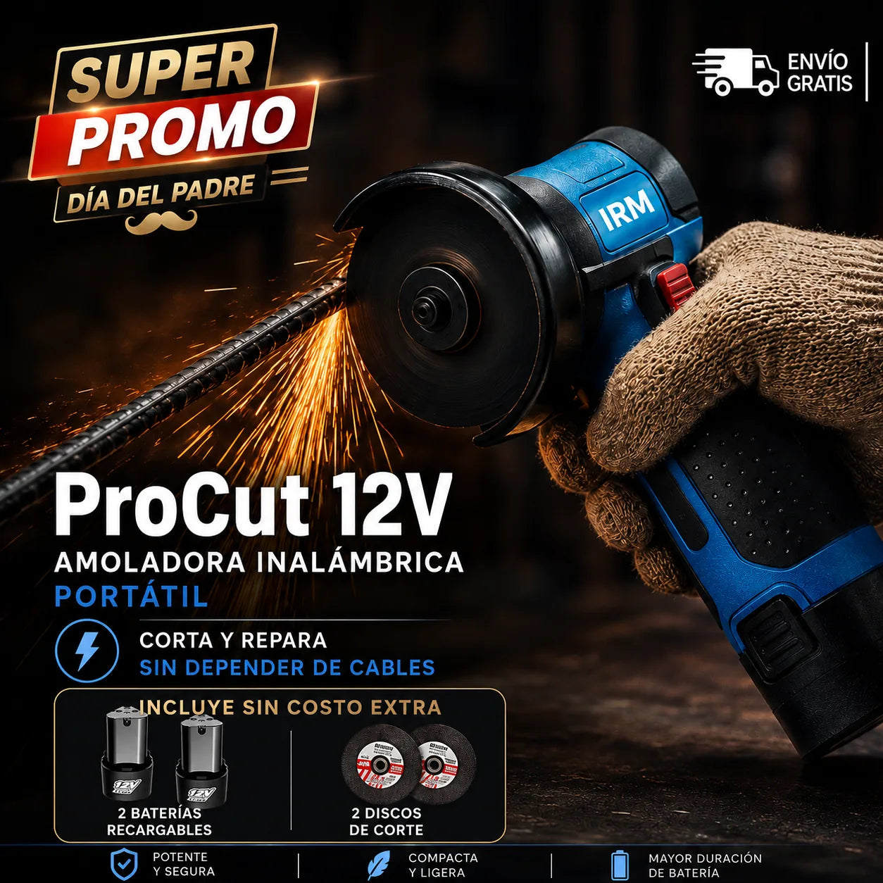 ProCut 12v/ Amoladora inalámbrica con 2 Baterías;  Corta y Desbasta sin depender de cables