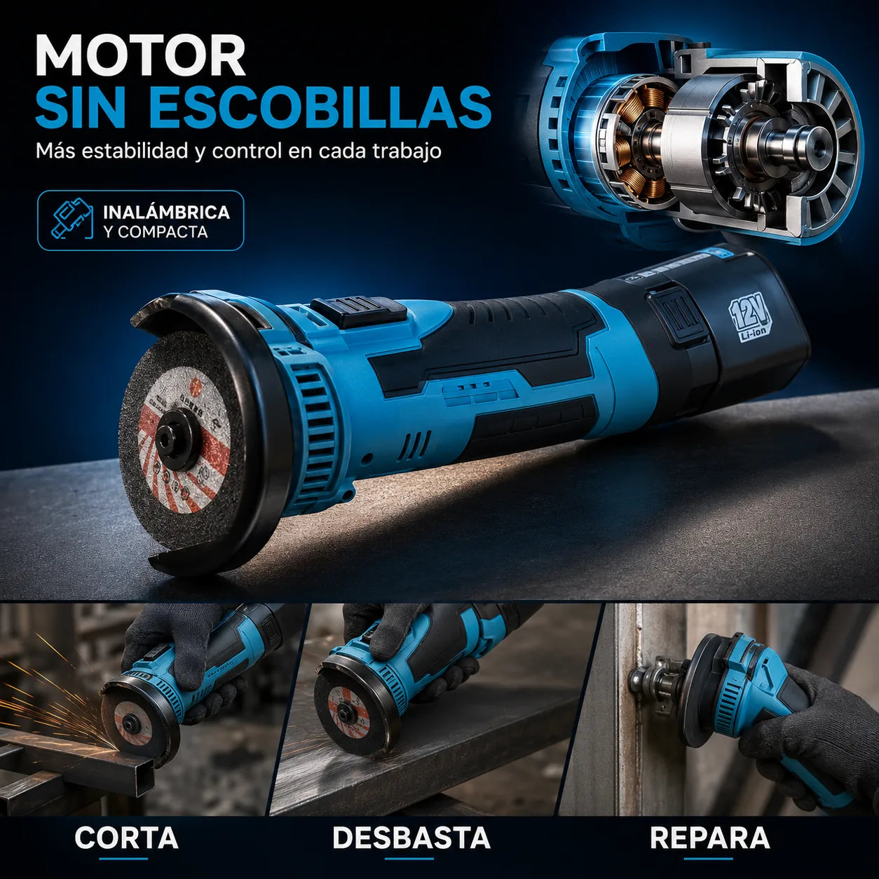 ProCut 12v/ Amoladora inalámbrica con 2 Baterías;  Corta y Desbasta sin depender de cables
